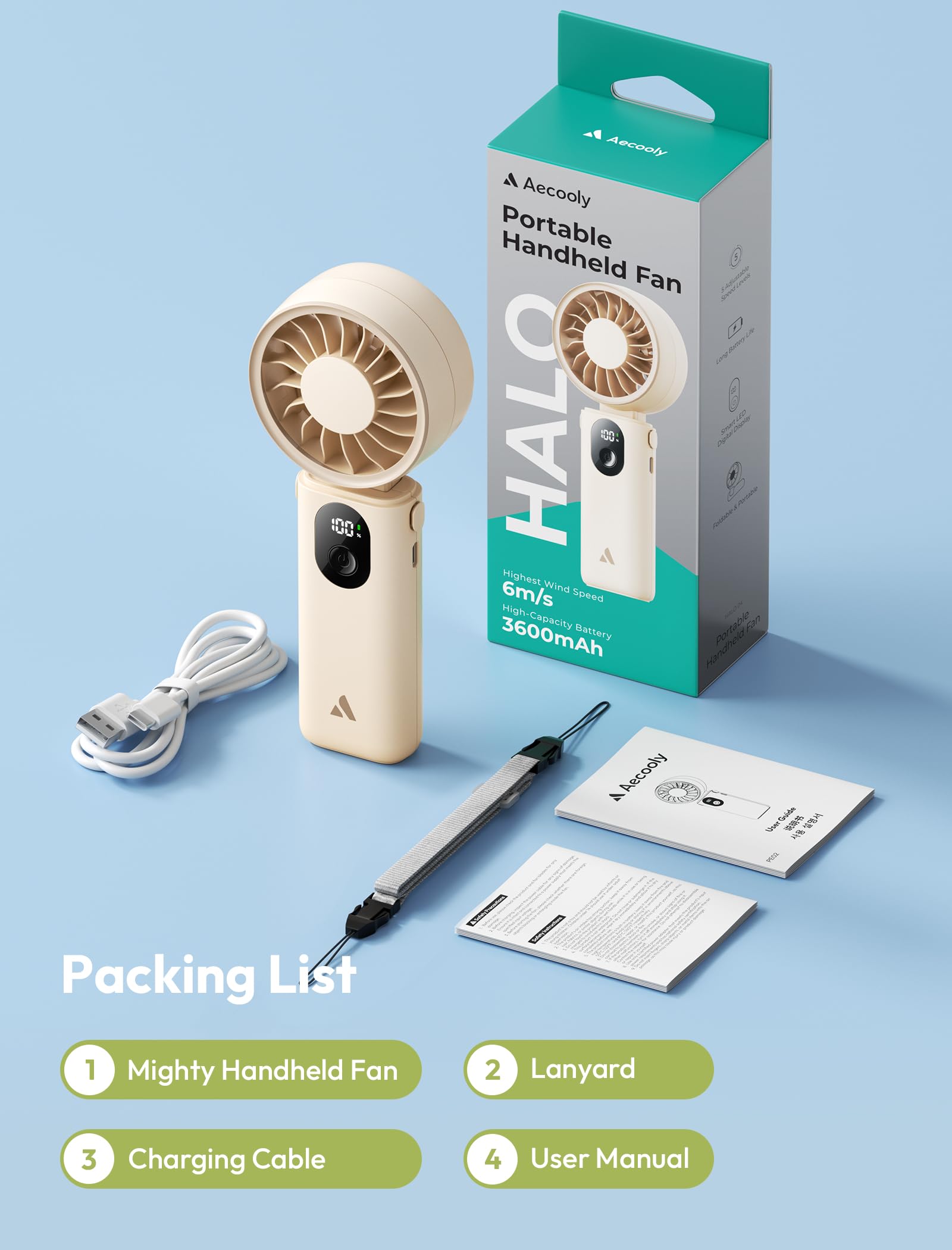 Aecooly Mighty Portable Hand Fan, 3 IN 1 USB Rechargeable Handheld Fan, [20H Max Cooling Time], 5-Speed Wind, LED Display, Mini Foldable Personal for Travle, Summer, Gifts for Women-Beige 🍁 All In One Marketplace Canada