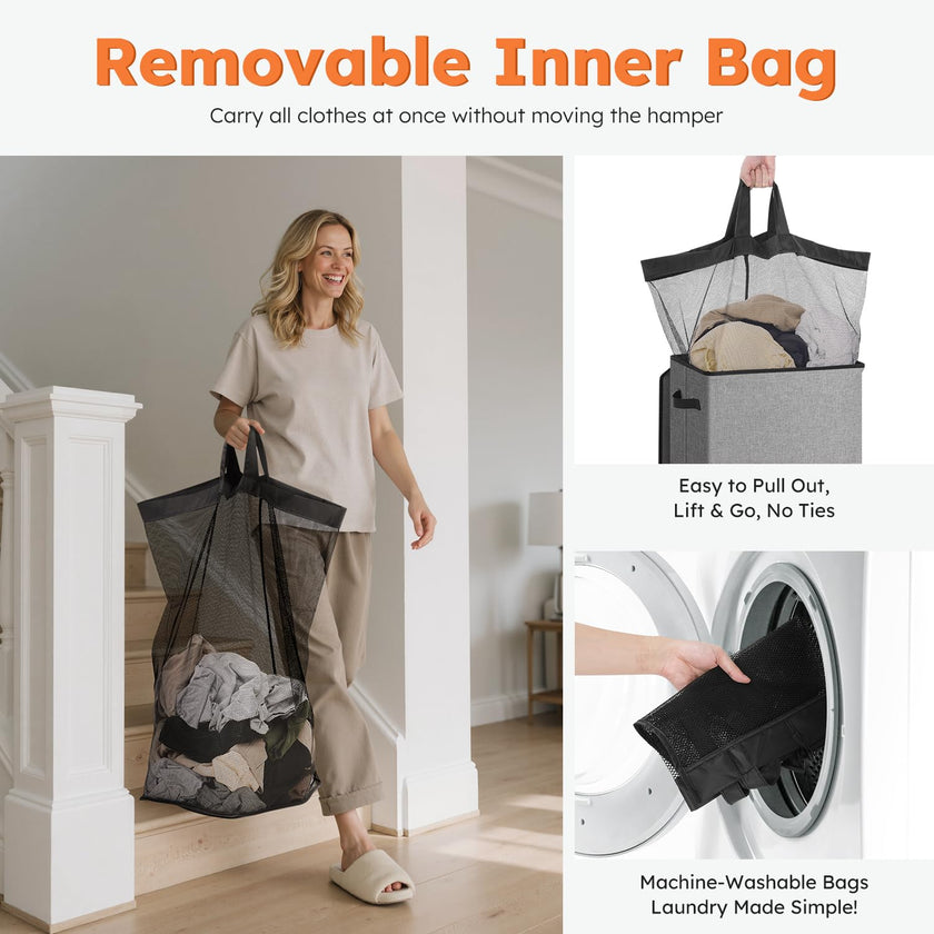 SOLEDI 100L Laundry Basket with Lid Large Laundry Hamper, Clothes Hamper with Laundry Bag Easy to Carry, Collapsible Storage Bins for Bedroom, Bathroom, Dorm, Apartment, College, Wardrobe, Grey 🍁 All In One Marketplace Canada