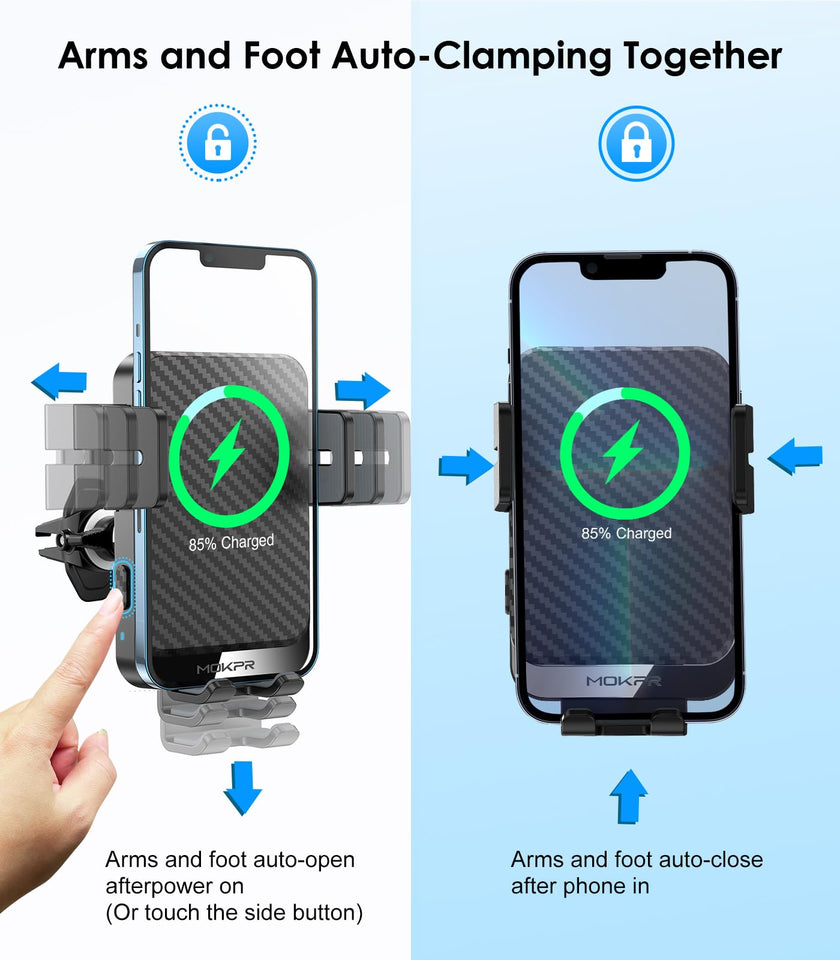 Wireless Car Charger, MOKPR 15W Fast Charging Auto-Clamping Car Phone Holder Wireless Charger Air Vent Car Phone Mount for iPhone17/16/15/14/13/12 pro/12/11/X/8, Samsung Galaxy S24/S23/S22/S21/S20 🍁 All In One Marketplace Canada