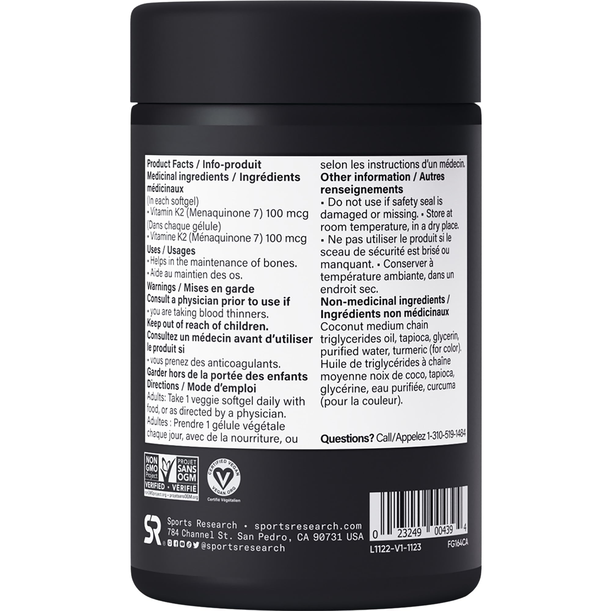 Sports Research® Vitamin K2 MK-7 100mcg with Coconut MCT Oil, 60 Vegan Softgels (2 Month Supply), Vegan Certified, Non-GMO Verified, Gluten & Soy Free Supplement 🍁 All In One Marketplace Canada