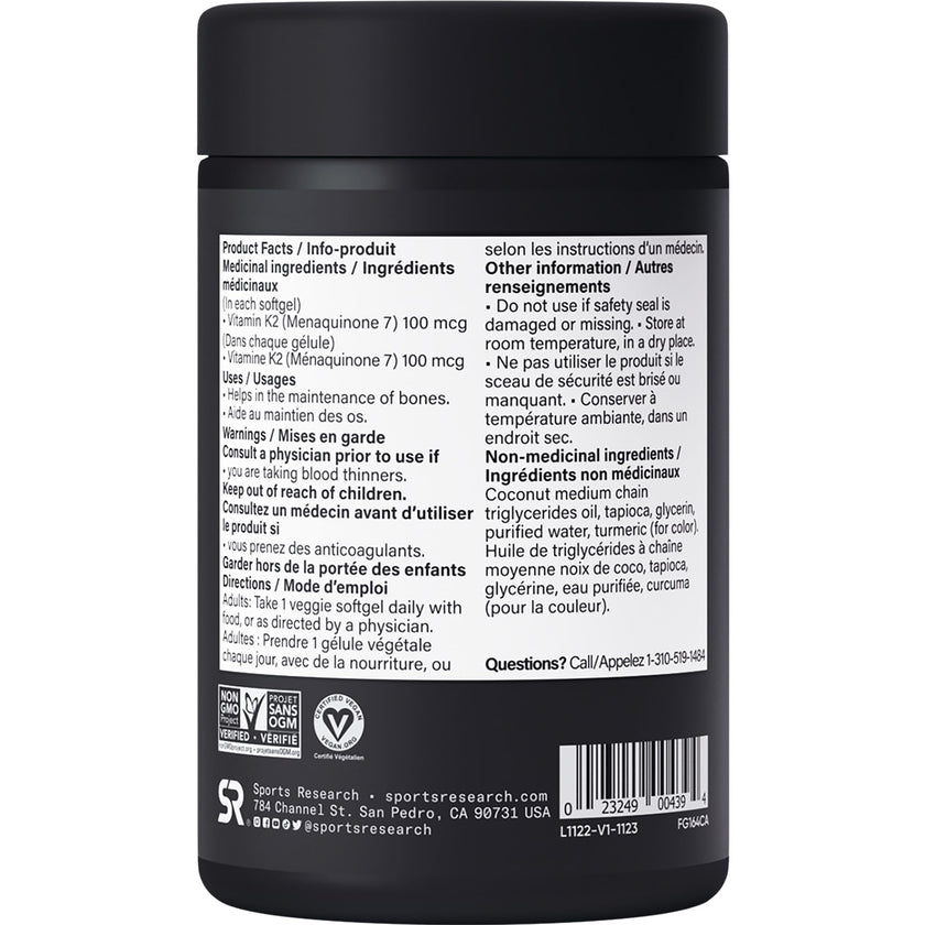 Sports Research® Vitamin K2 MK-7 100mcg with Coconut MCT Oil, 60 Vegan Softgels (2 Month Supply), Vegan Certified, Non-GMO Verified, Gluten & Soy Free Supplement 🍁 All In One Marketplace Canada