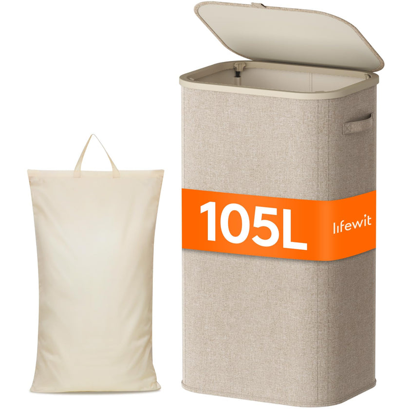 Lifewit 105L Laundry Basket with Lid, Large Laundry Hamper with Handles and Removable Bag, Collapsible Tall Dirty Clothes Hamper for Laundry Room, Bedroom, Bathroom, Dorm, Beige 🍁 All In One Marketplace Canada
