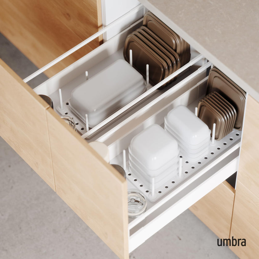 Umbra Peggy Kitchen Drawer Cupboard Organizer Tray - Adjustable Storage System For Food Containers, Cookware, Serveware, Utensils and More, White 🍁 All In One Marketplace Canada