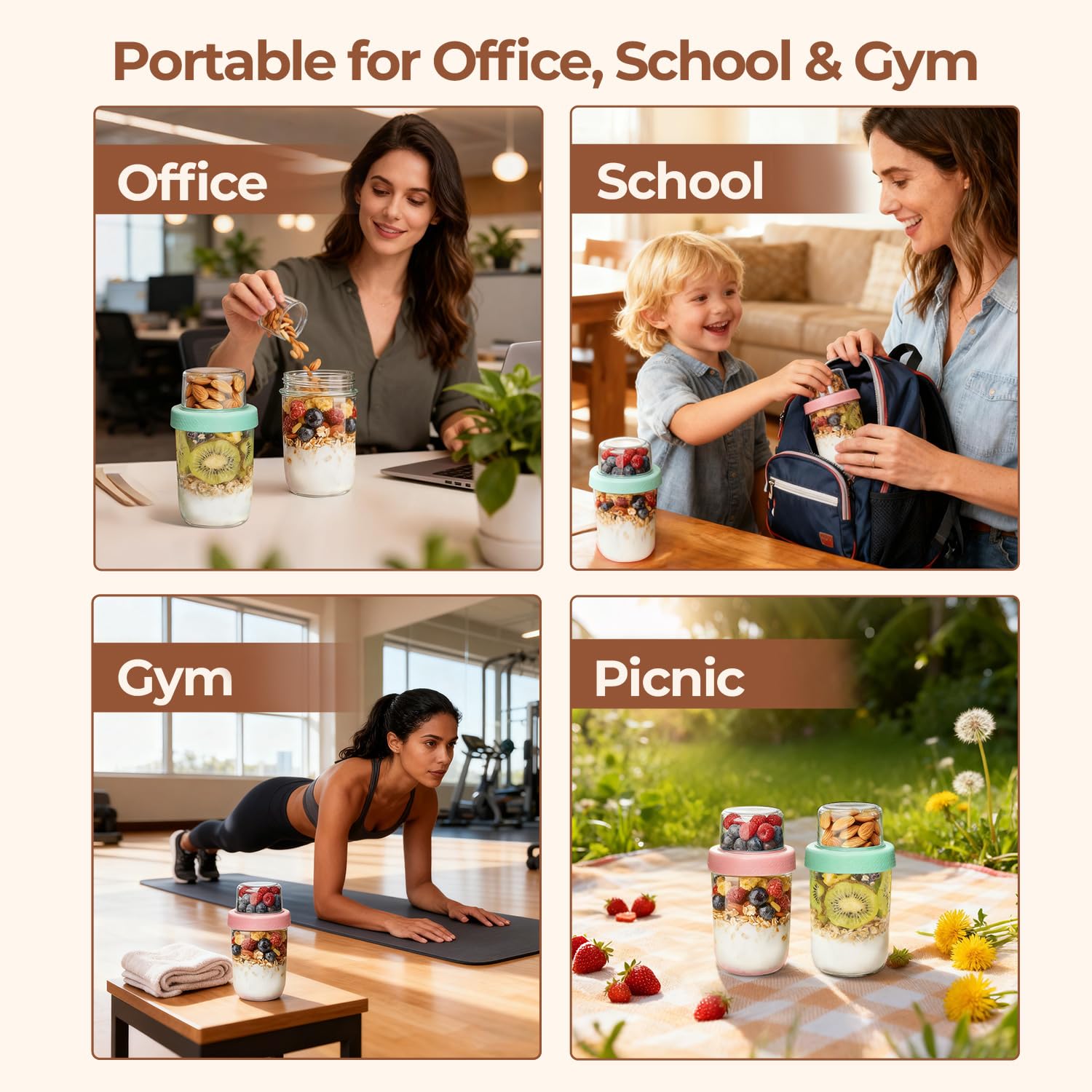 ComSaf Overnight Oats jars with Lids （16oz+4oz 4Pcs）, Dual-Laryer Chia Pudding Jars with Dry and Wet Separation, Yogurt Parfait Contianer for Oatmeal Cereal Nut Fruit, Meal Prep Glass Jars for Salad 🍁 All In One Marketplace Canada
