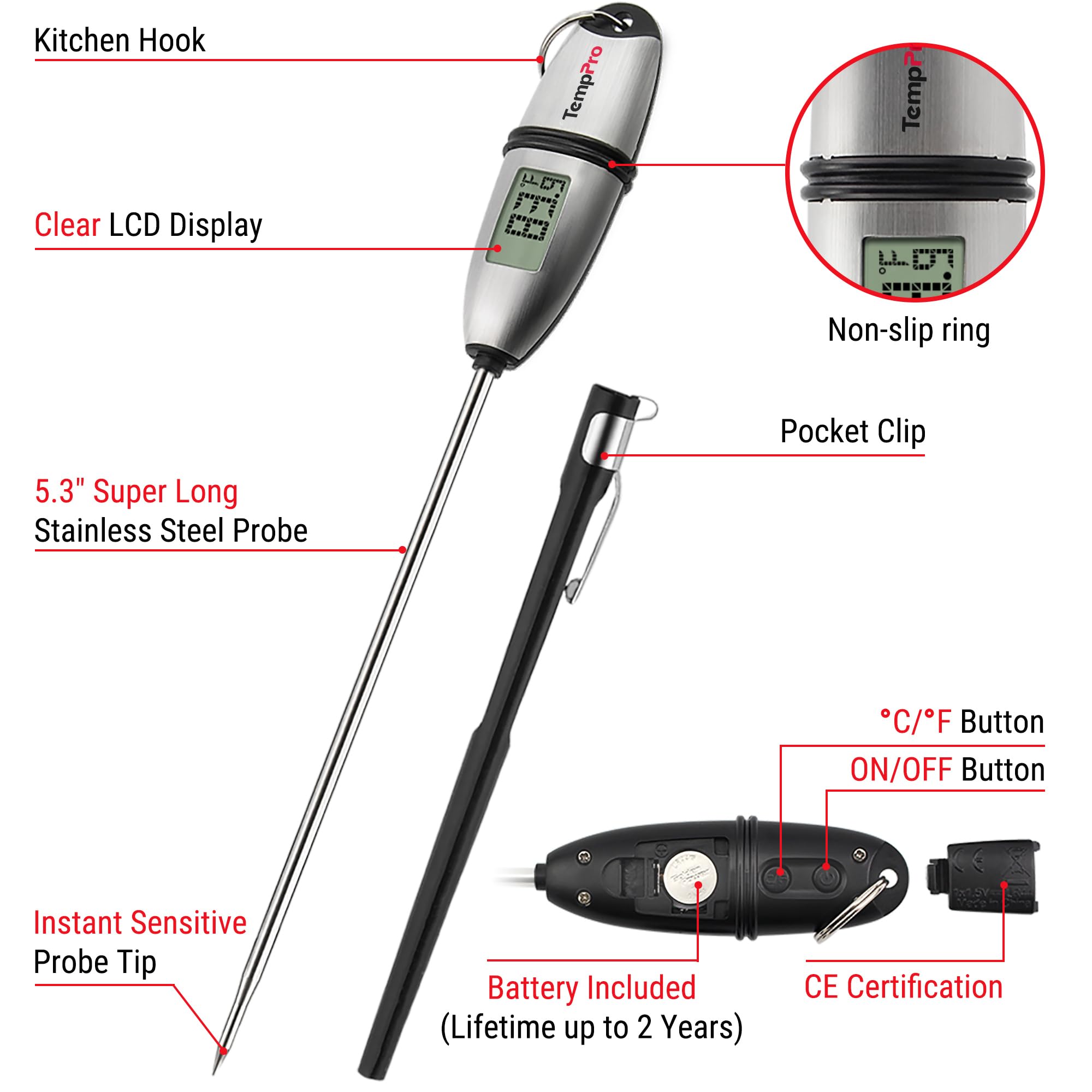 TempPro TP02S Digital Food Thermometer for Cooking Bread Baking Sourdough Liquids, Meat Thermometer Digital with Super Long Probe for Kitchen BBQ Yogurt Candy Making Accessory (Previously ThermoPro) 🍁 All In One Marketplace Canada