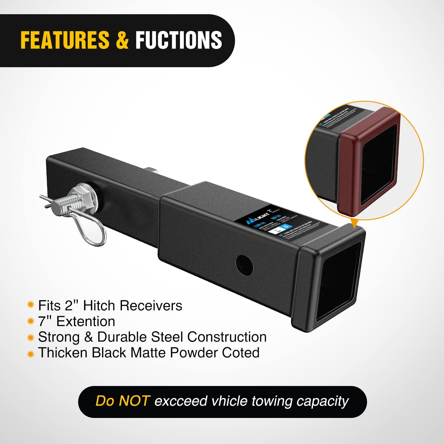Nilight Trailer Hitch Extender 7 inch Extension Length Fits for 2