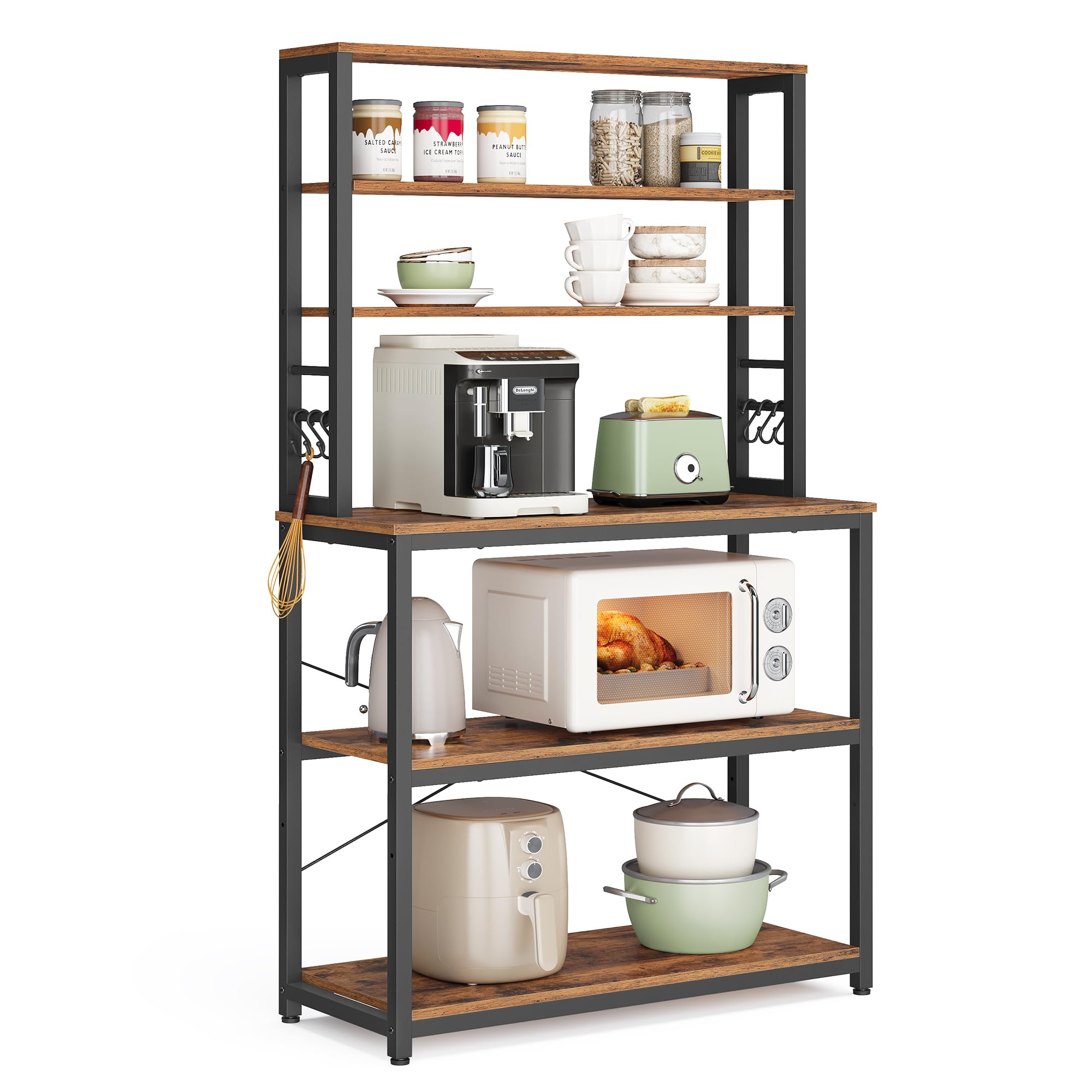 VASAGLE Coffee Bar, Baker’s Rack for Kitchen with Storage, 6-Tier Kitchen Shelves with 6 Hooks, Microwave Stand, Industrial, 15.7 x 31.5 x 65.7 Inches, Rustic Brown and Black UKKS019B01 🍁 All In One Marketplace Canada