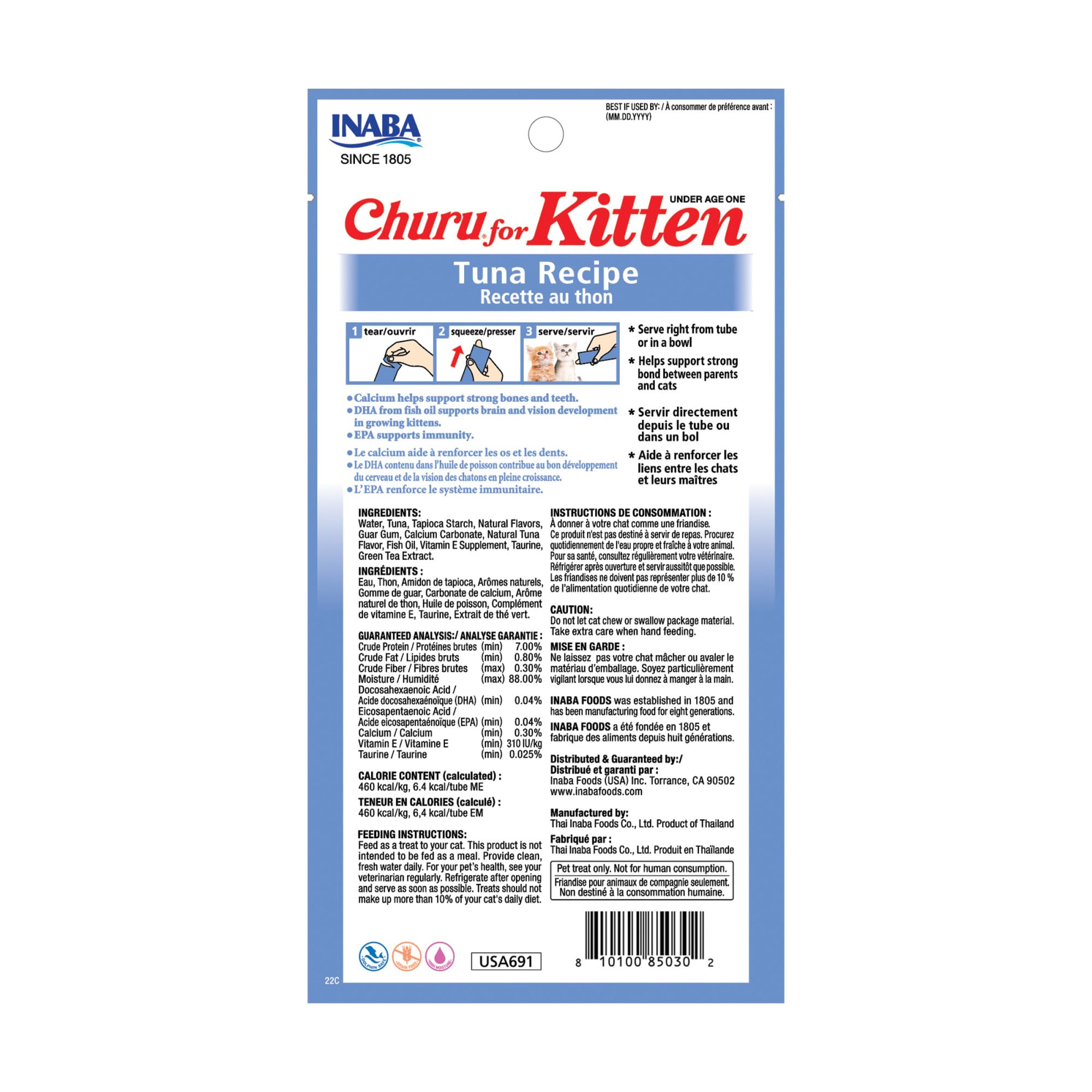 INABA Churu for Kittens, Creamy, Purée Lickable Cat Treats with DHA, EPA, Vitamin E & Taurine, 14 Grams Each, 24 Tubes (4 per Pack), Tuna Recipe 🍁 All In One Marketplace Canada