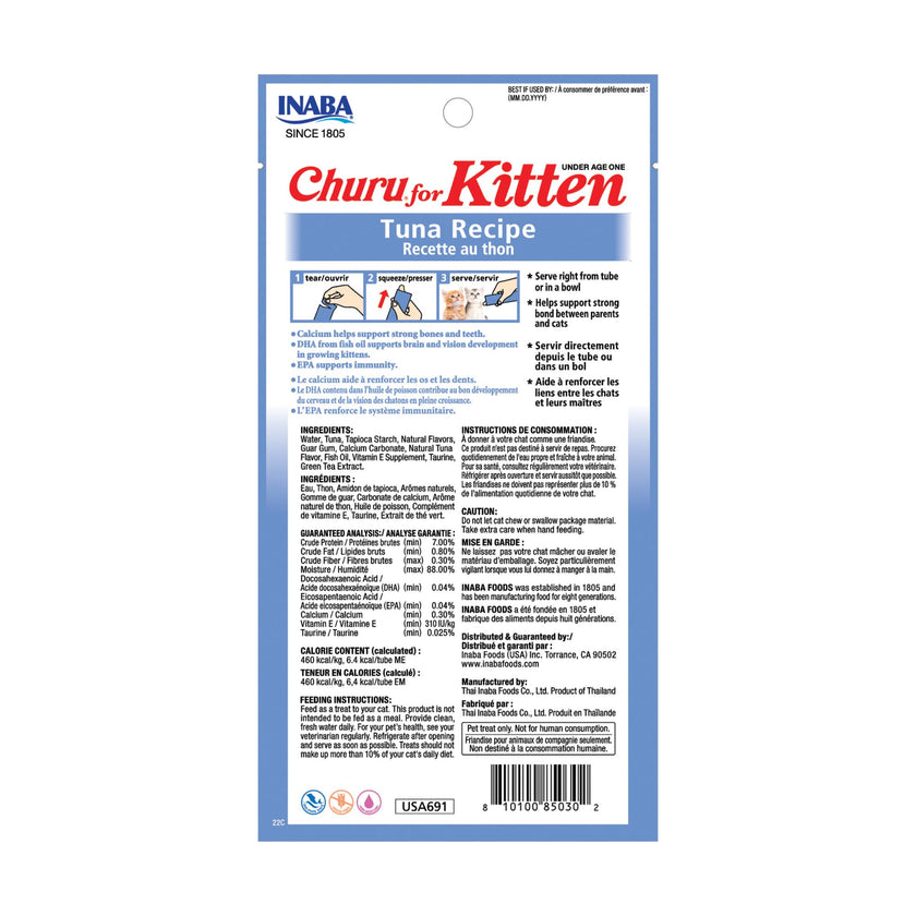 INABA Churu for Kittens, Creamy, Purée Lickable Cat Treats with DHA, EPA, Vitamin E & Taurine, 14 Grams Each, 24 Tubes (4 per Pack), Tuna Recipe 🍁 All In One Marketplace Canada
