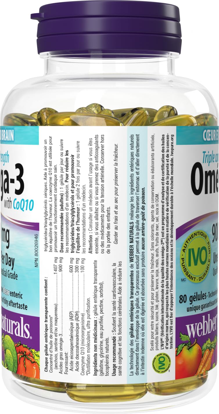 Webber Naturals Omega-3 with CoQ10, 80 Clear Enteric No Fishy Aftertaste Softgels, Supports Cardiovascular Health and Brain Function 🍁 All In One Marketplace Canada