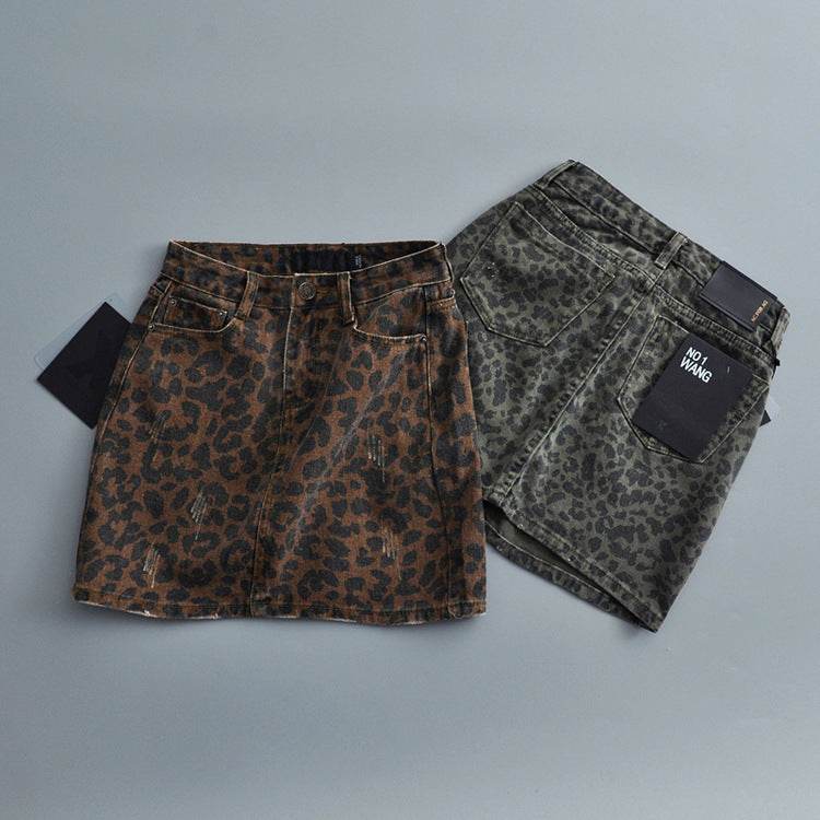 Leopard Print Mini Denim Skirt Women's High Waist Pencil Skirt