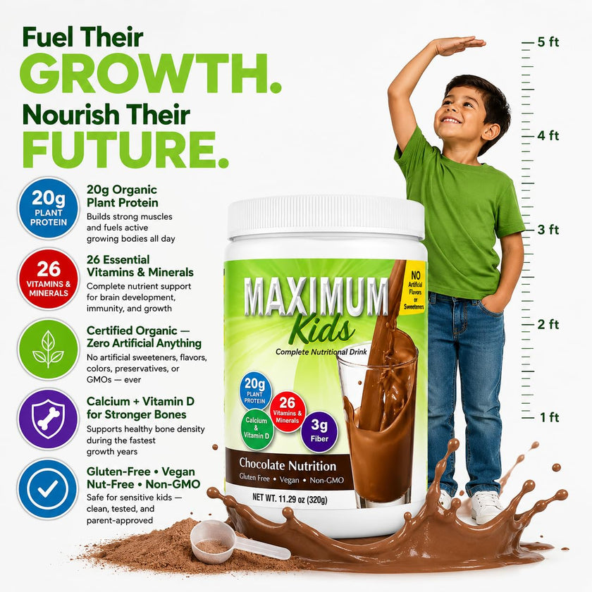 Maximum Kids Complete ORGANIC Powder Mix - Great TASTING, EASY to use, complete nutritional drink with 26 vitamins & Minerals, 20g of Plant Protein, 3g of Fiber. Kid TESTED! Parents APPROVED! 🍁 All In One Marketplace Canada