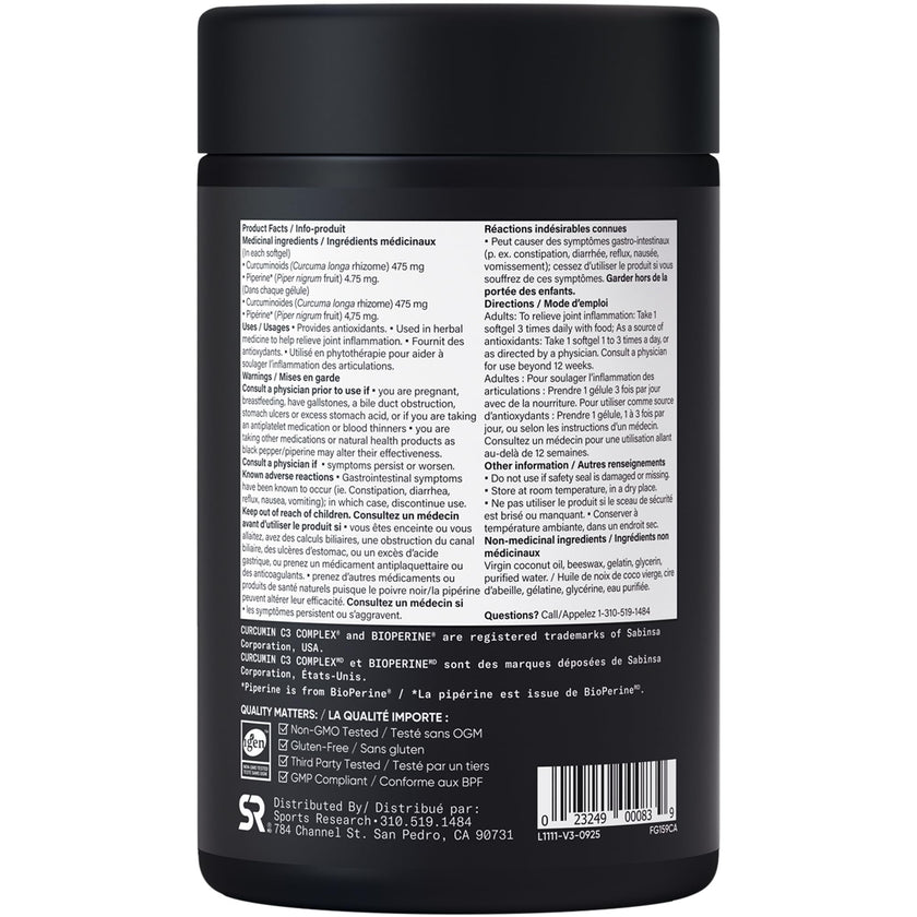 Sports Research® Turmeric Curcumin C3® Complex 500mg, Enhanced with Black Pepper & Organic Coconut Oil for Better Absorption; Non-GMO, Gluten Free & Third-Party Tested - 120 Liquid Softgels 🍁 All In One Marketplace Canada