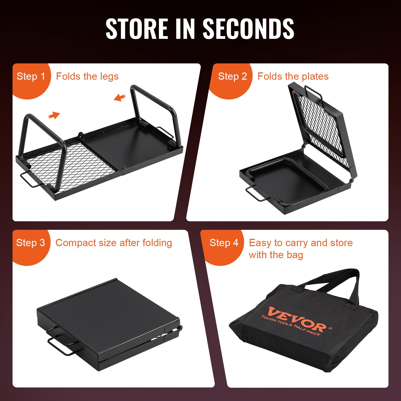 VEVOR Folding Campfire Grill, Heavy Duty Steel Mesh Grate, 22.4