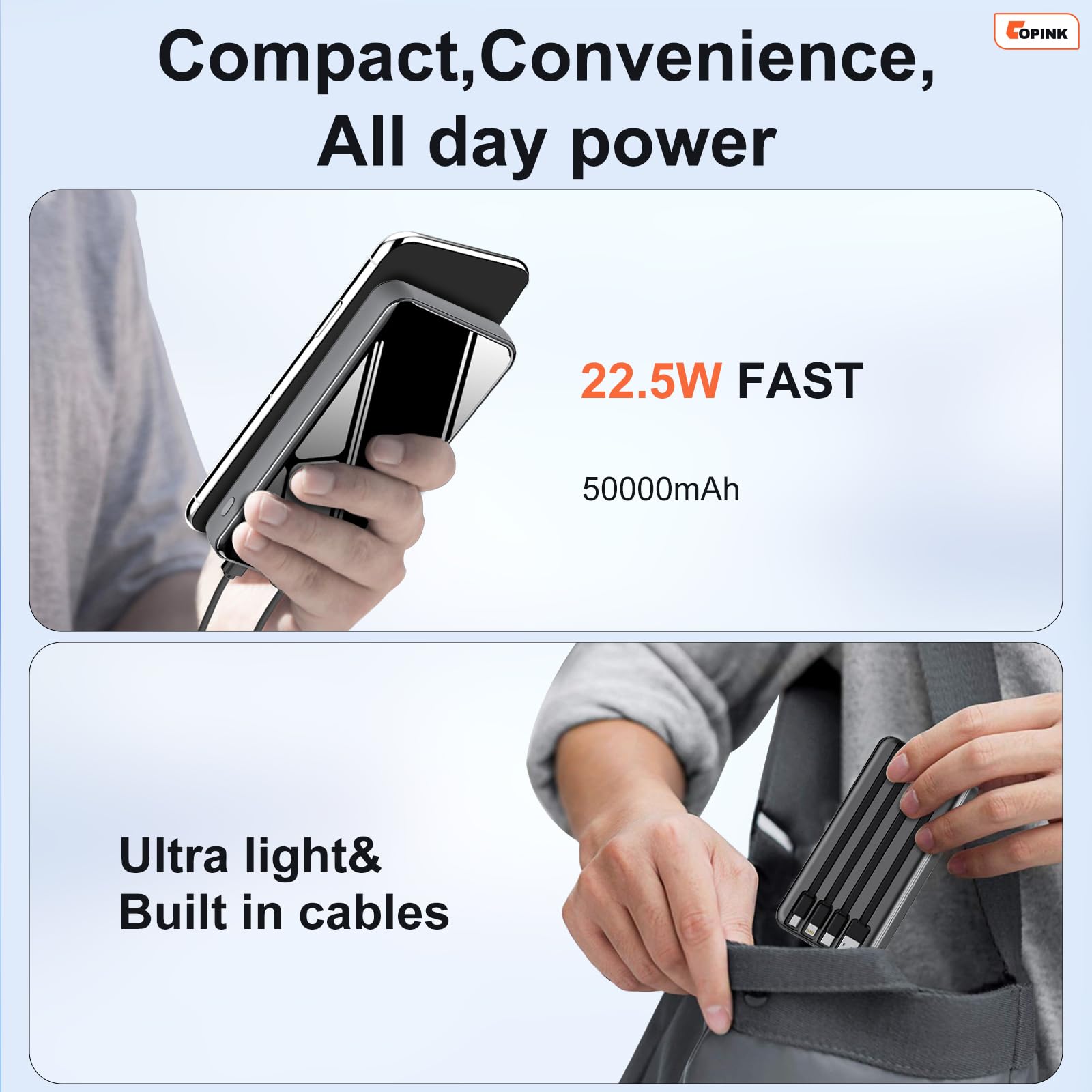 Portable Charger with Built in Cables, 50000mAh Power Bank Fast Charging 6 Outputs 2 Inputs with LED Display External Battery Pack Compatible with Cellphones Tablets AirPods etc 🍁 All In One Marketplace Canada