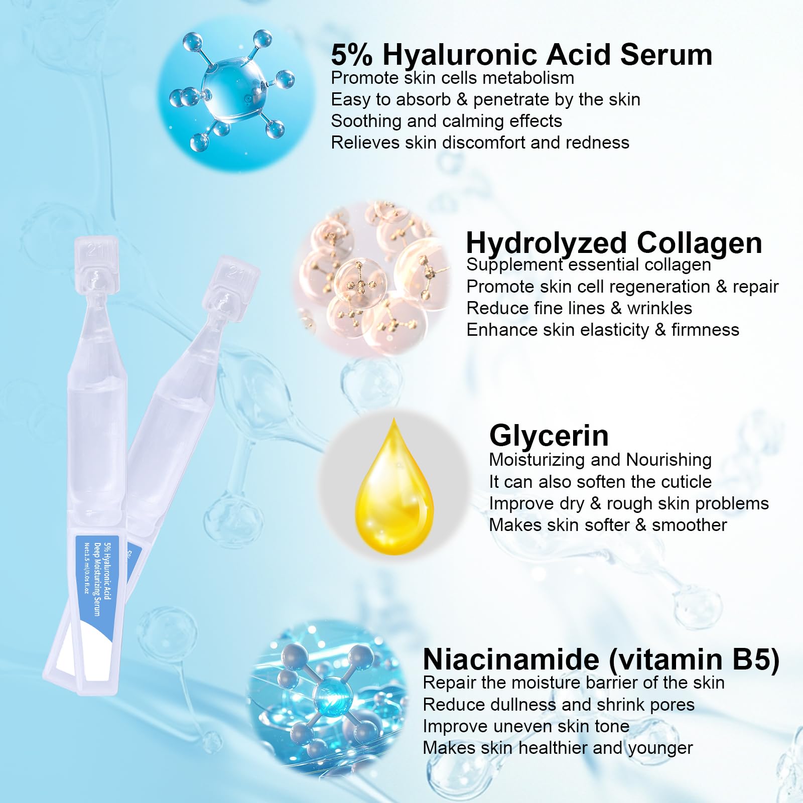5% Hyaluronic Acid Serum Ultra Moisturizing & Elastic Skin - Wake Nature Perfection Hyaluronic Acid - Anti-Aging Serum for Face Single-Use Vials Skincare - Repair Sensitive Skin (1.5 ml)*30 🍁 All In One Marketplace Canada