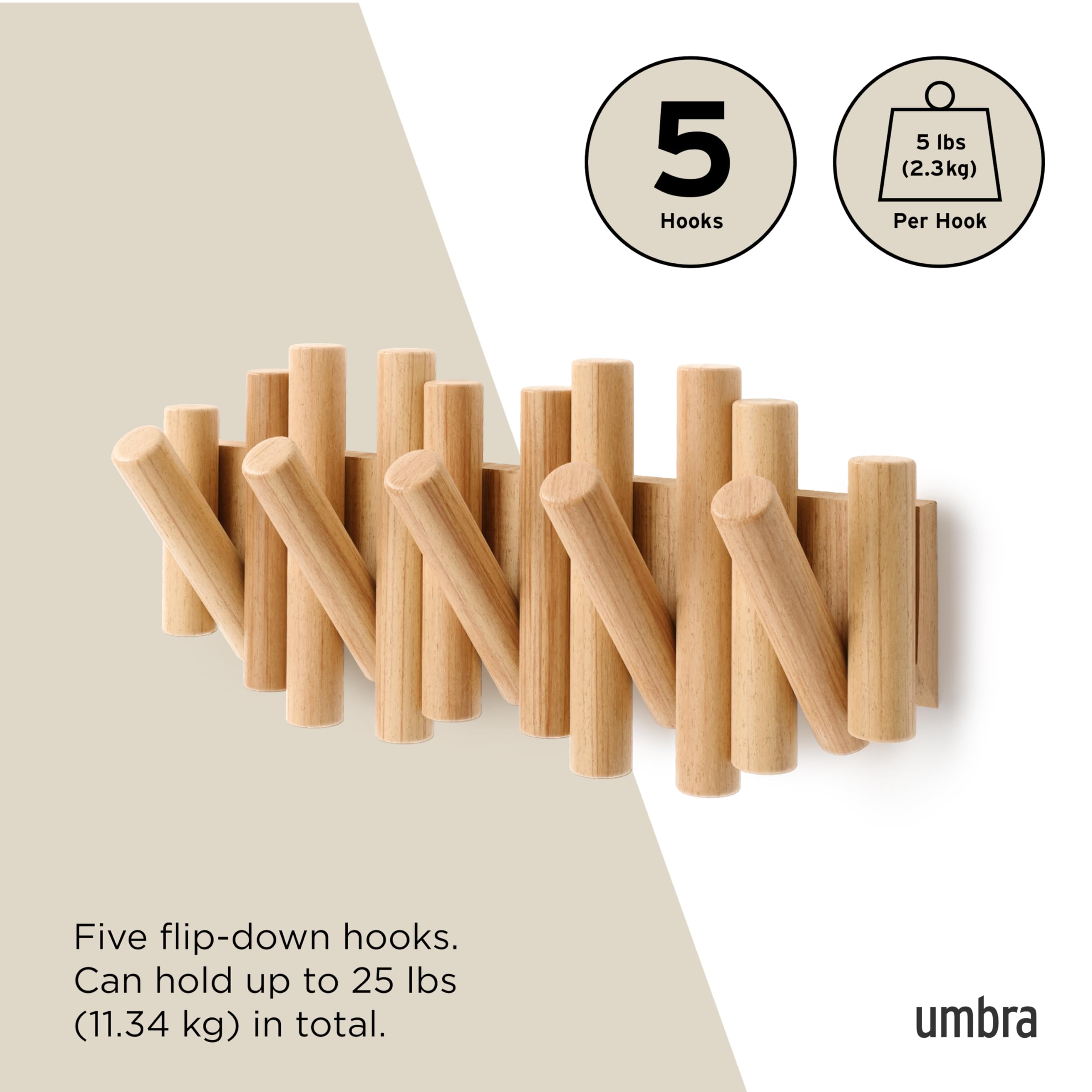 Umbra Picket Coat Rack Wall Mount – 5 Flip-Down Wood Coat Hooks, Modern & Functional Storage, Easy Install Wall Hooks, Natural 🍁 All In One Marketplace Canada