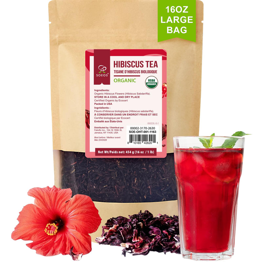 Soeos Organic Hibiscus Tea, 1lb (16oz) Whole Dried Hibiscus Flowers, Caffeine-Free Herbal Tea with Bold Tart Flavor, Perfect for Iced Tea, Hot Infusions & Floral Blends. 🍁 All In One Marketplace Canada