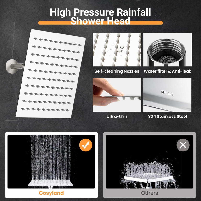 COSYLAND Rain Shower Head with Handheld - 304 Stainless Steel High Pressure 8 inch Square Rainfall Showerhead Combo with 3 Spray Mode 11 inch Extension Adjustable Arm & 60 inch Hose - Chrome 🍁 All In One Marketplace Canada