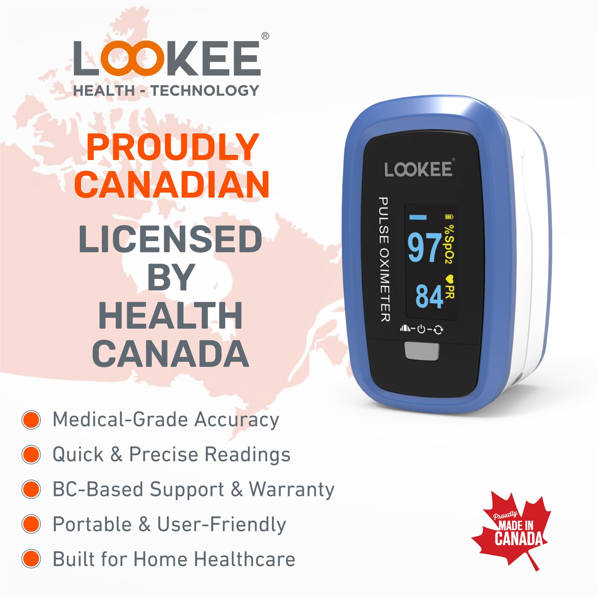 LOOKEE LK50D1 Deluxe Fingertip Pulse Oximeter | Proudly Canadian Finger SpO2 Blood Oxygen Monitor with Auto Rotate OLED Display, Plethysmograph & Pulse Graph | Blue 🍁 All In One Marketplace Canada