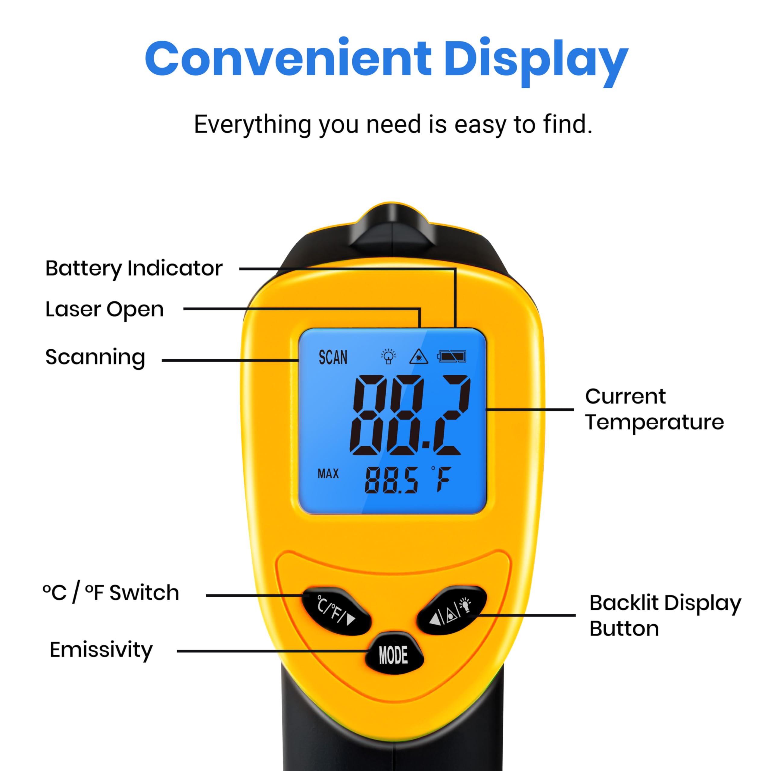 Etekcity Lasergrip 1080 Laser Thermometer Digital Infrared Thermometer Temperature Gun for Kitchen Cooking BBQ Grill and Bath Water, -58℉~1130℉ (-50℃～610℃), Yellow and Black 🍁 All In One Marketplace Canada