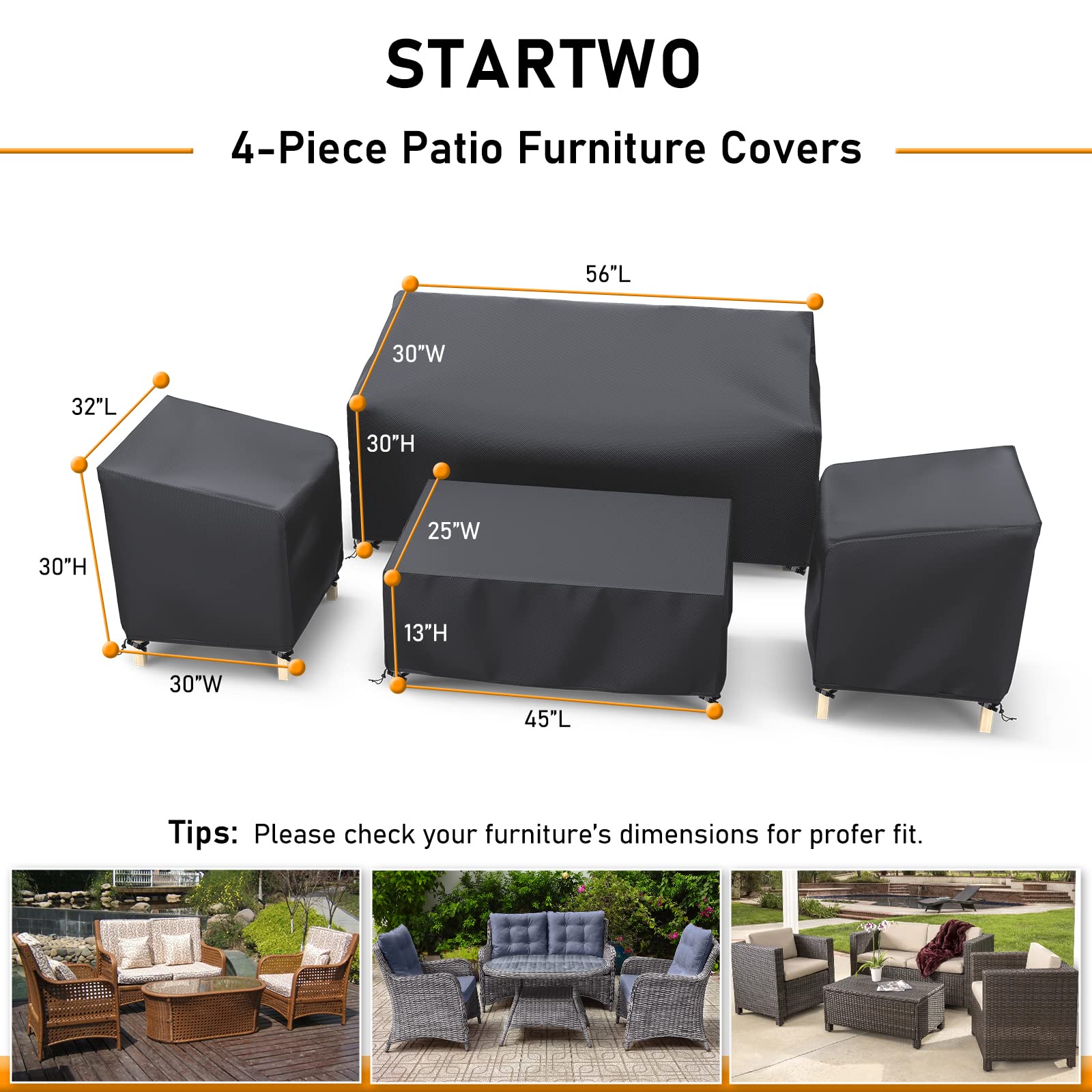 STARTWO Outdoor Waterproof Patio Furniture Covers 4-Piece Set for Chairs 32in, Loveseat 56in, Coffee Table 45in, Heavy Duty 600D, Black 🍁 All In One Marketplace Canada