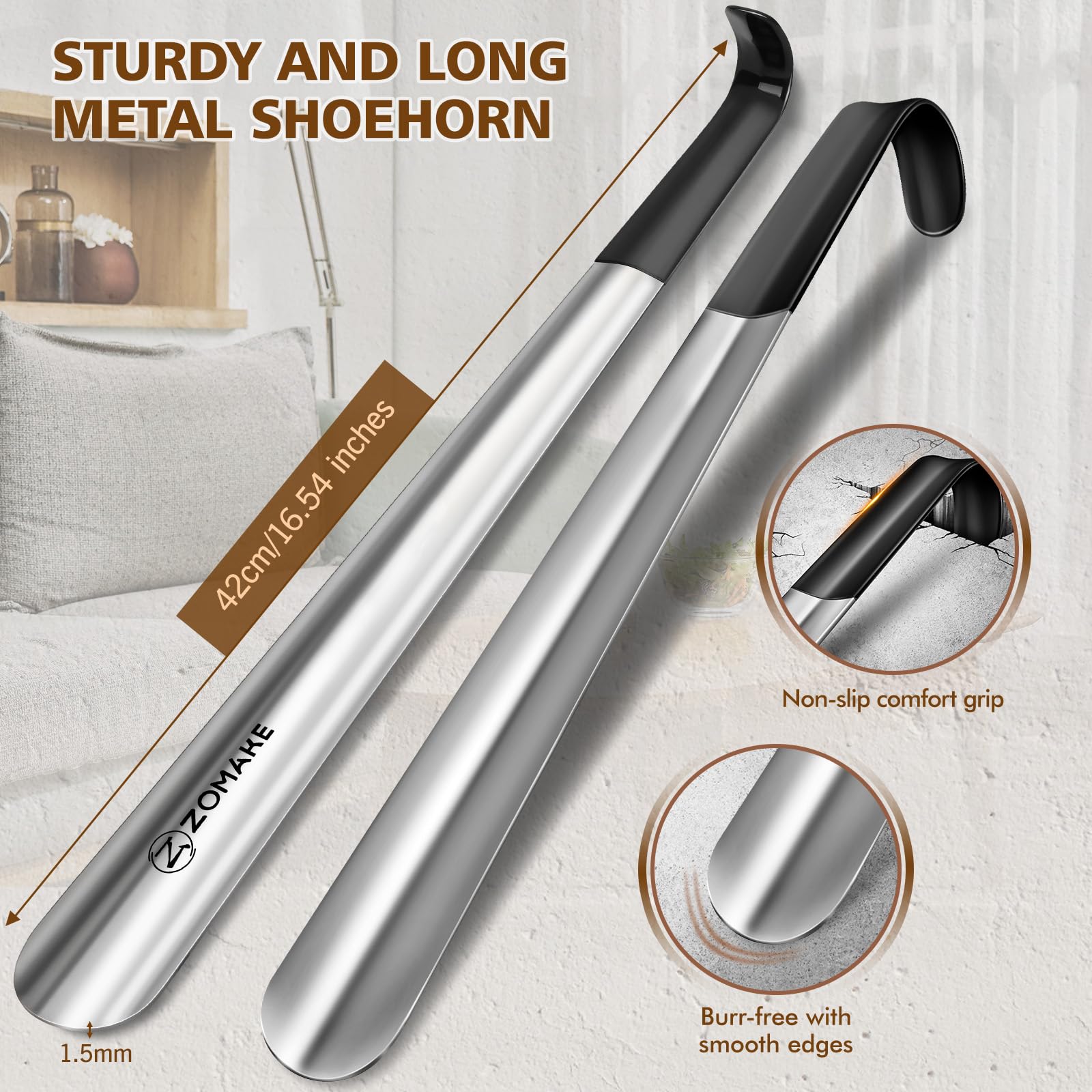 ZOMAKE Shoe Horn Long Handle,Metal Long Shoehorn for Seniors Men Women,2 Pcs 16.5