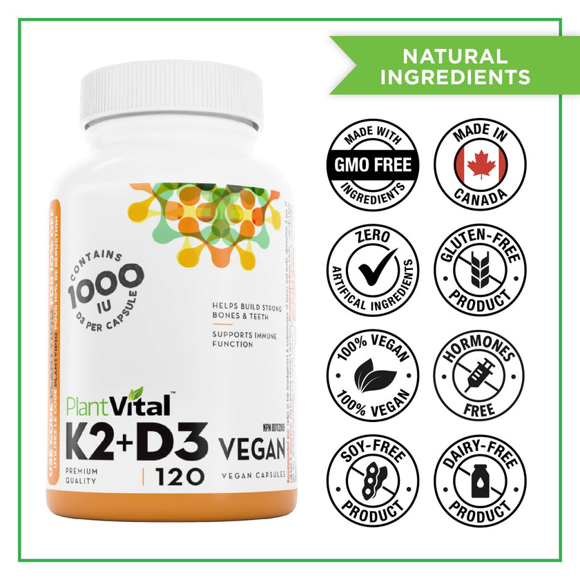 PlantVital High-Potency Vegan Vitamin D3 + K2 -Made in Canada - (1000IU /25 mcg + 120 mcg) for Bones, Teeth and Immune System - Patented MK7 Form - K2 D3 vitamin - 4 Months Supply - 120 Capsules. 🍁 All In One Marketplace Canada