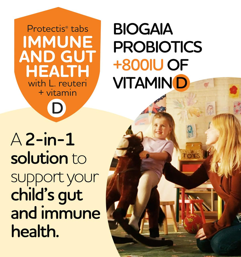 BioGaia Probiotic Junior Immune & Gut Health Tablets | New Format | Probiotic + 800 IU of Vit. D | 30-Day Supply/Chewable Tablets | For kids & Teens | Eases constipation | Helps maintain immune function | Development of bones and teeth | Prevent episodes