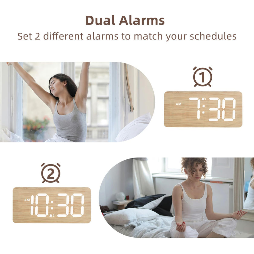Wooden Digital Alarm Clocks for Bedrooms: Dimmable Dual Alarm Clock with Large Numbers for Bedside Desk - Bamboo 🍁 All In One Marketplace Canada