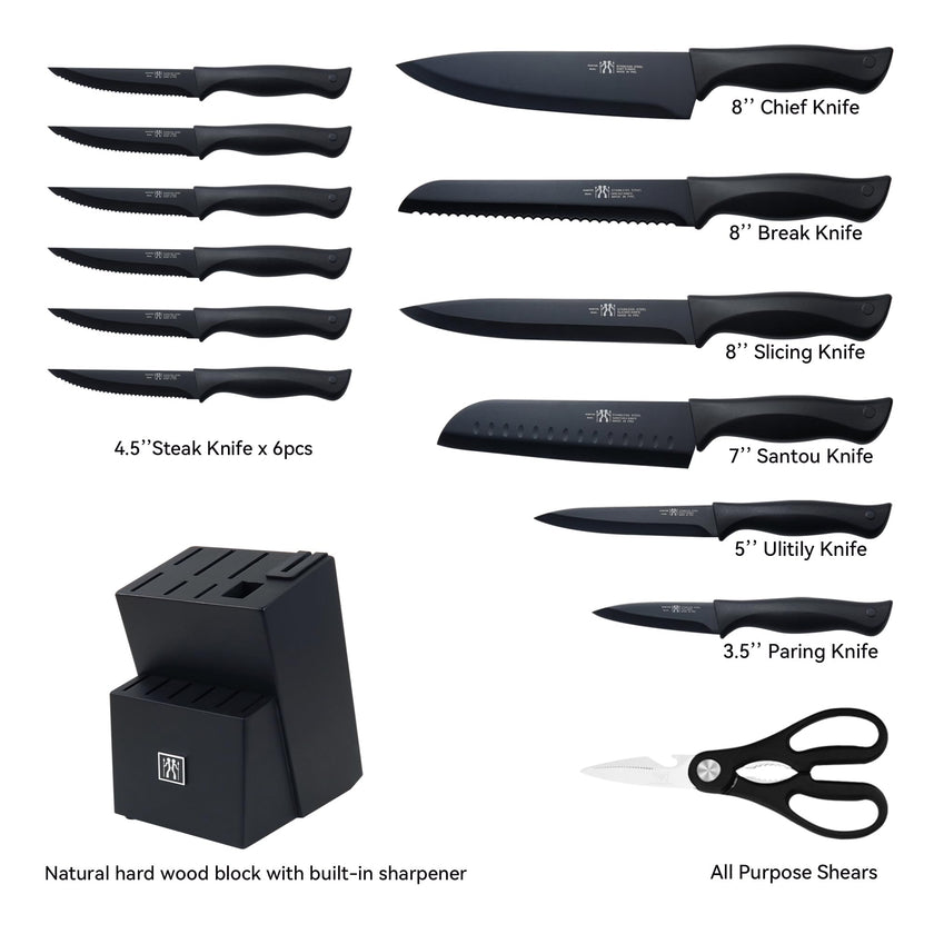 HUNTER.DUAL Knife Set, Dishwasher Safe Kitchen Knife Set with Block, 15 Pcs Black Kitchen Knife Sets with Block Self Sharpening, 6 Steak Knives, Black 🍁 All In One Marketplace Canada