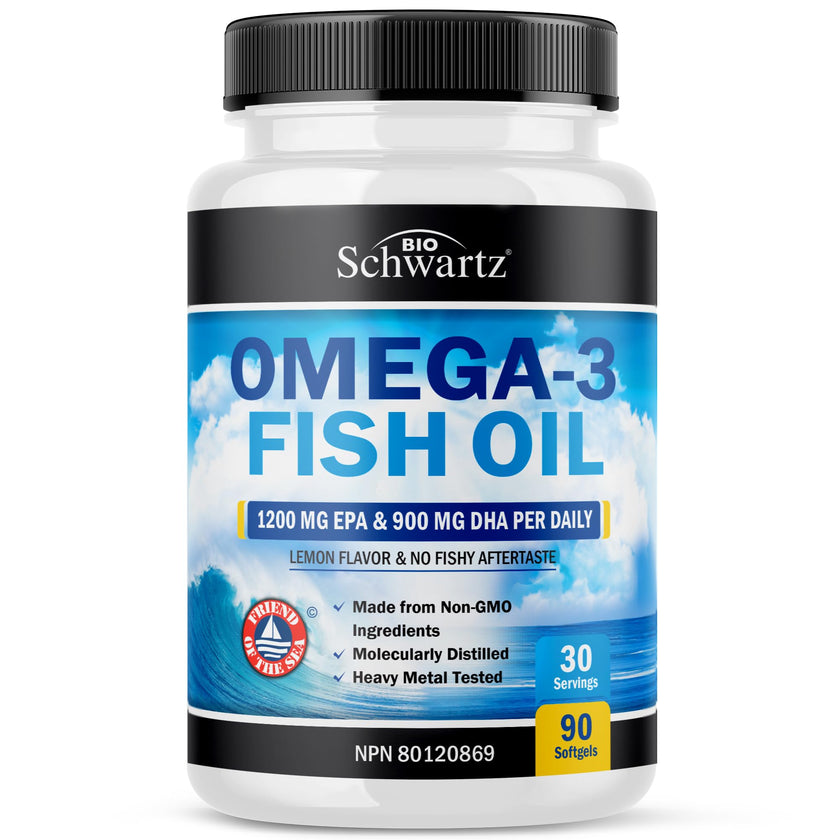 Fish Oil Omega 3 EPA & DHA 2250 mg | Burpless Lemon Flavor Triple Strength Supplement with Fatty Acids from Wild Icelandic Fish | Supports Joint, Eyes, Brain & Skin Health | Non GMO | 90 Softgels 🍁 All In One Marketplace Canada