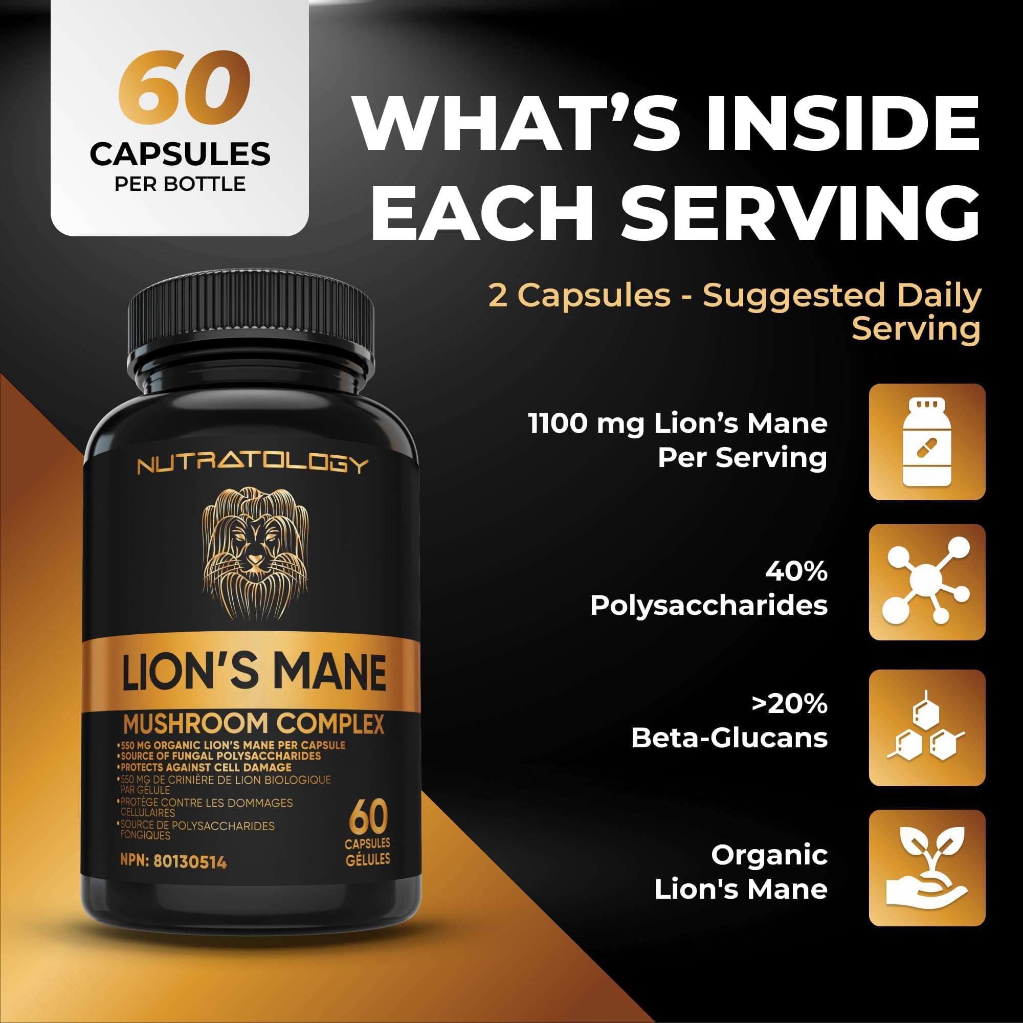 Nutratology® Organic Lion's Mane Mushroom Capasules - Nootropic Functional Mushroom Supplements Made With 40% Polysaccharides & >20% Beta-Glucan | Supports Memory, Cognition & Brain Health - 60 Count 🍁 All In One Marketplace Canada