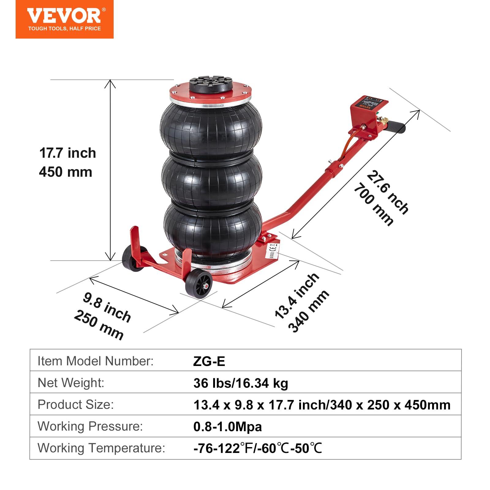 VEVOR Air Jack, 3 Ton/6600 lbs Triple Bag Air Jack, Airbag Jack with Six Steel Pipes, Lift up to 17.7 inch/450 mm, 3-5 s Fast Lifting Pneumatic Jack, with Long Handles for Cars, Garages, Repair, (Red) 🍁 All In One Marketplace Canada