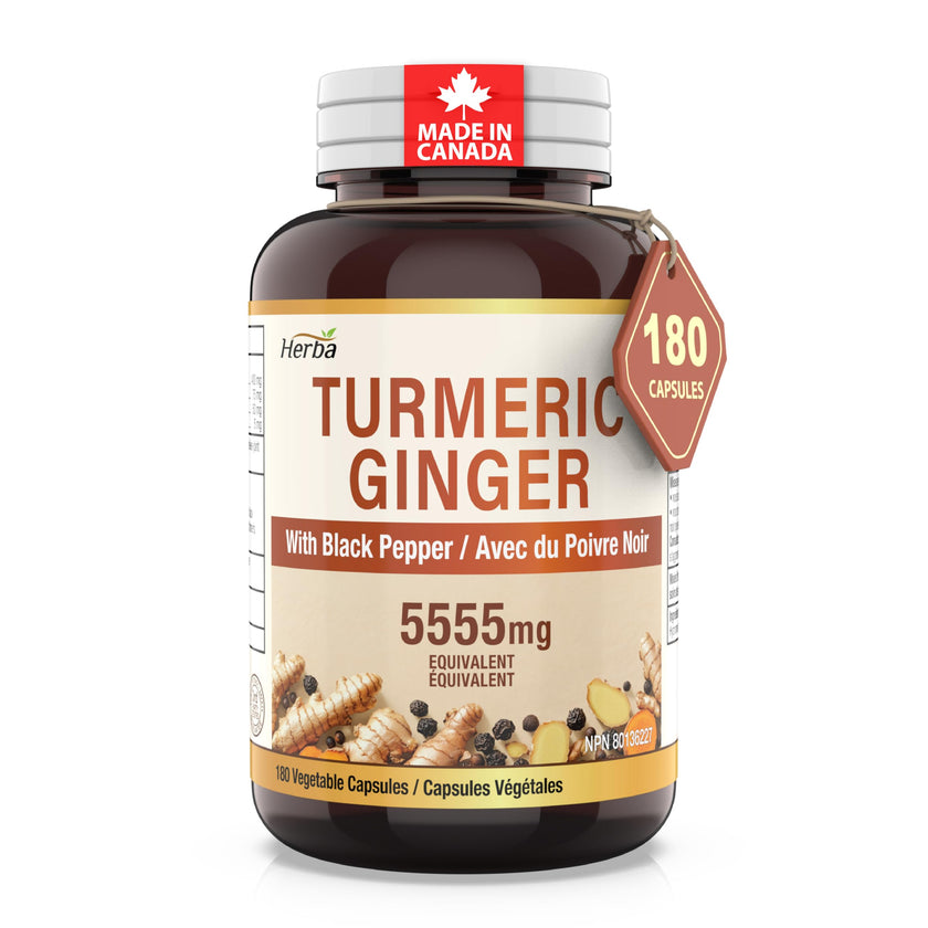 Herba Turmeric Supplements for Inflammation with Black Pepper and Ginger - 180 Capsules | 5,555mg Equiv. with 95% Turmeric Curcumin Supplements with Black Pepper | Joint Pain Relief | Made in Canada 🍁 All In One Marketplace Canada