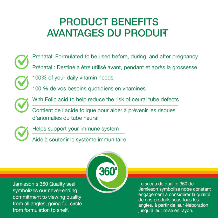 Jamieson Prenatal 100% Complete Multivitamin with Folic Acid and Iron, 100 Caplets. Formulated for Prenatal and Postnatal, and While Breastfeeding, Prevents Neural Tube Defects, One Per Day 🍁 All In One Marketplace Canada
