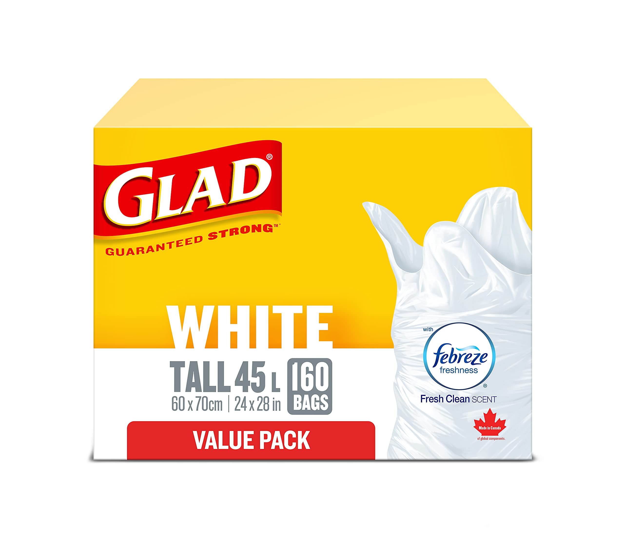 Glad White Garbage Bags - Tall 45 Litres - Febreze Fresh Clean Scent, 160 Trash Bags, Value Pack, Made in Canada of Global Components 🍁 All In One Marketplace Canada