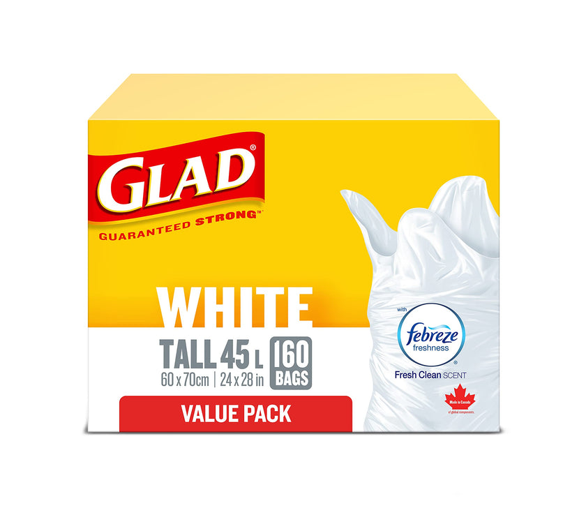 Glad White Garbage Bags - Tall 45 Litres - Febreze Fresh Clean Scent, 160 Trash Bags, Value Pack, Made in Canada of Global Components 🍁 All In One Marketplace Canada