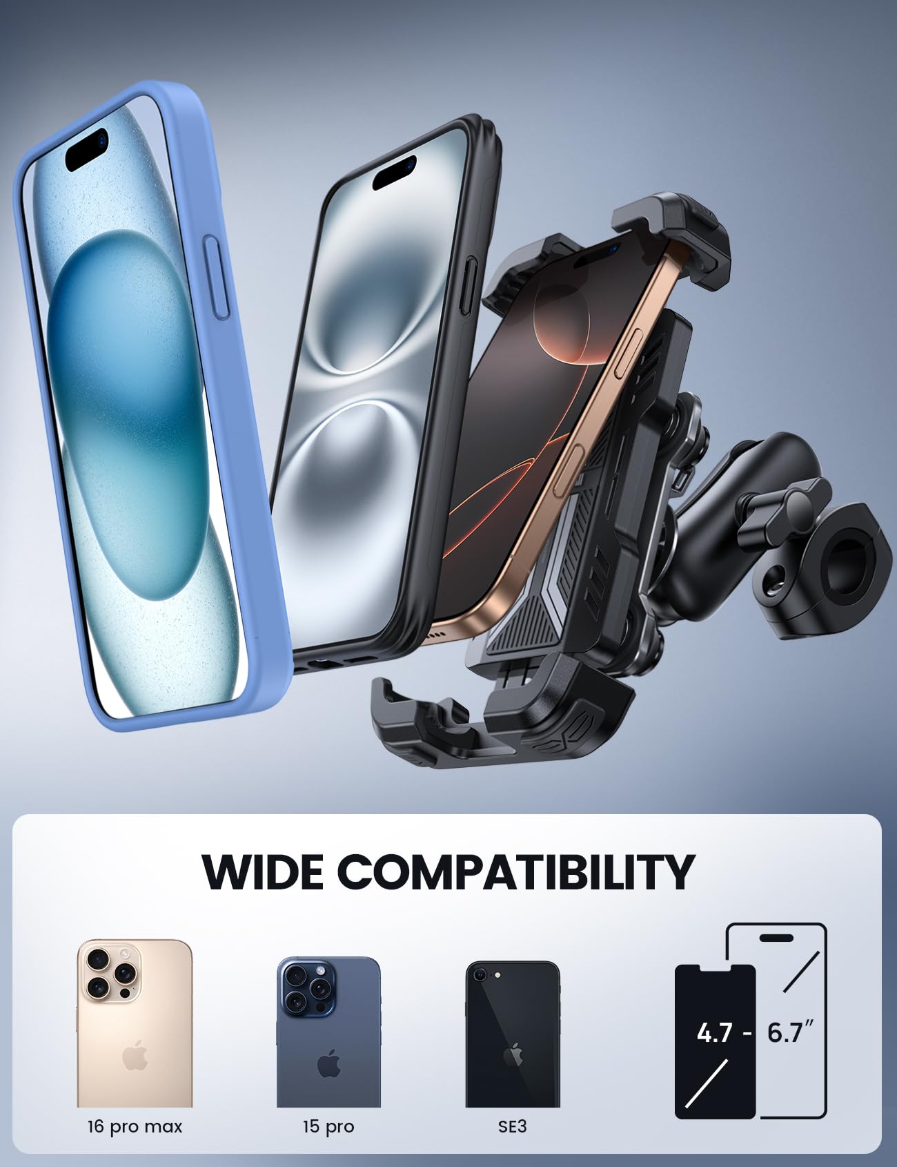 Lamicall Motorcycle Phone Mount Holder - [Dual Vibration Dampener] [720° Adjustment Arm] Motorcycle Cell Phone Holder, Bike Handlebar Phone Mount for iPhone 17 Pro/Air/16/15/14 Pro Max, 4.7-6.7