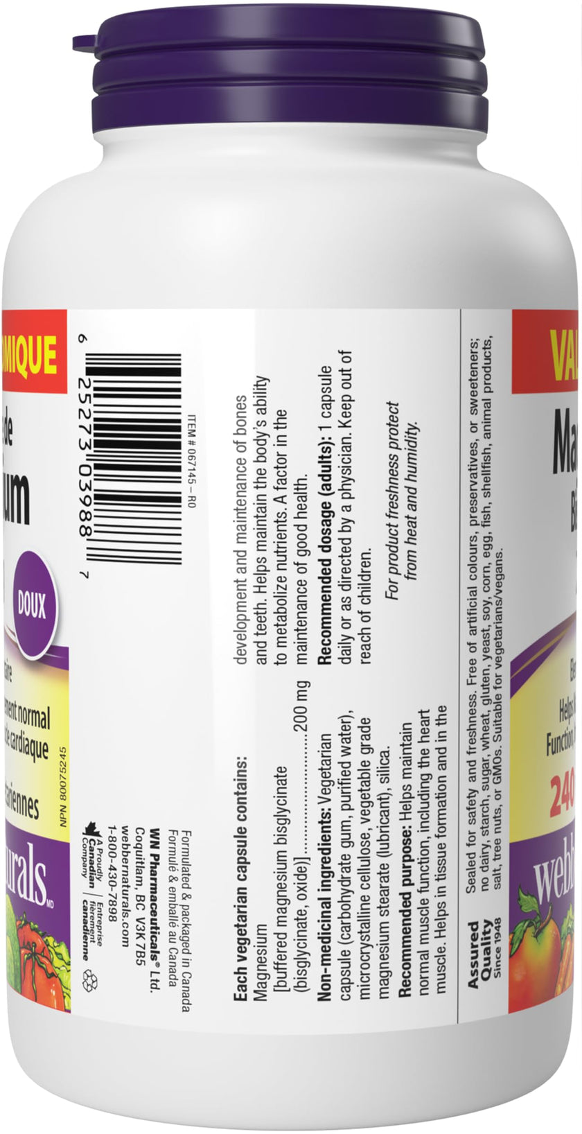 Webber Naturals Magnesium Bisglycinate 200 mg, 240 Capsules, Supports Bone and Muscle Functions, Vegan 🍁 All In One Marketplace Canada