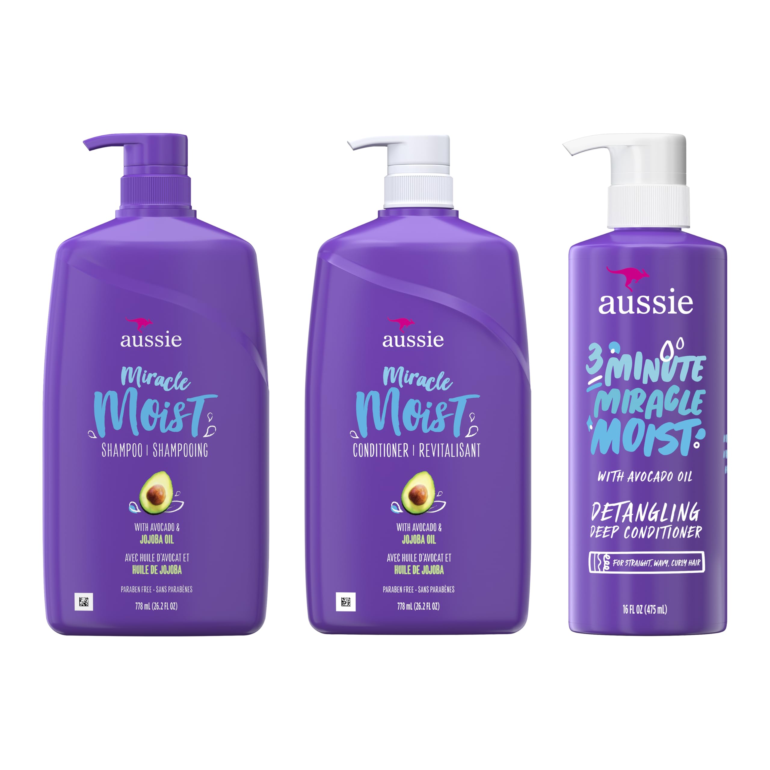 Aussie Miracle Moist Shampoo 778 mL, Miracle Moist Conditioner 778 mL, 3 Minute Miracle Deep Conditioner Hair Treatment 475 mL, Infused with Avocado & Australian Jojoba Oil, 2.03 L Total 🍁 All In One Marketplace Canada