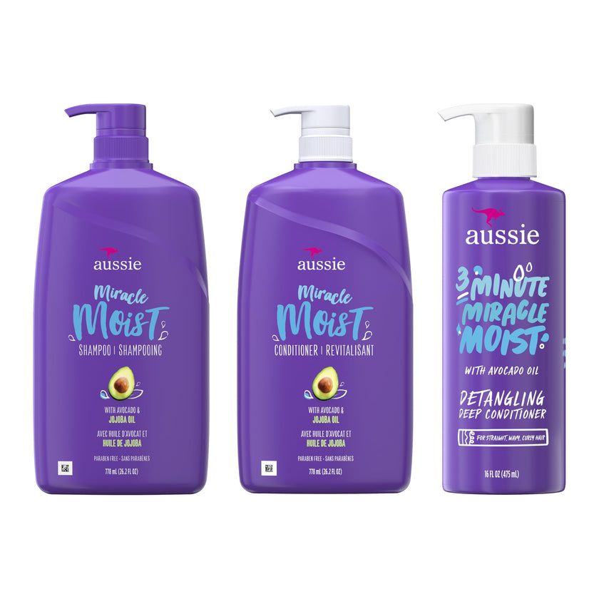 Aussie Miracle Moist Shampoo 778 mL, Miracle Moist Conditioner 778 mL, 3 Minute Miracle Deep Conditioner Hair Treatment 475 mL, Infused with Avocado & Australian Jojoba Oil, 2.03 L Total 🍁 All In One Marketplace Canada