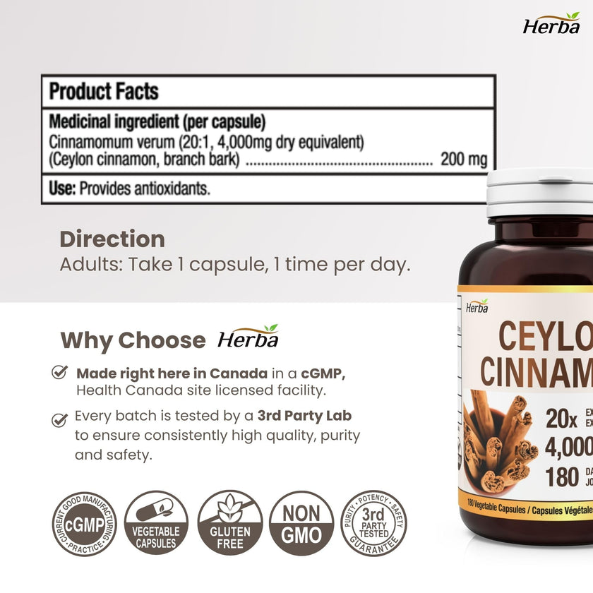 Herba Ceylon Cinnamon Capsules 4000mg - 180 Vegetable Capsules | Powerful 20:1 Extract from Sri Lanka | Equivalent to 4,000mg Dry Ceylon Cinnamon Powder | Made in Canada 🍁 All In One Marketplace Canada