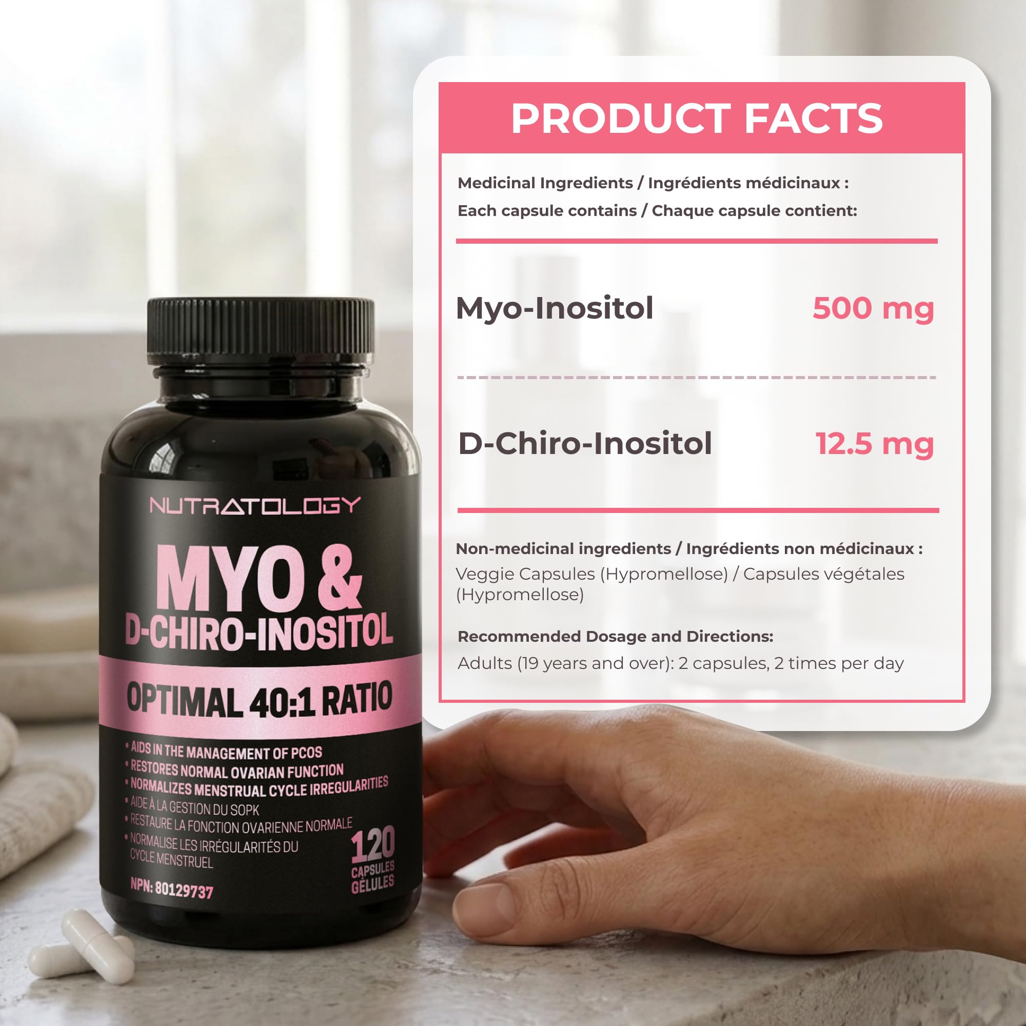 Nutratology® Myo-Inositol & D-Chiro Inositol Capsules - PCOS Supplement for Women - Optimal 40:1 Ratio - For Hormonal Balance & Healthy Ovarian Function - Regulates Menstrual Cycle - 120 Capsules 🍁 All In One Marketplace Canada