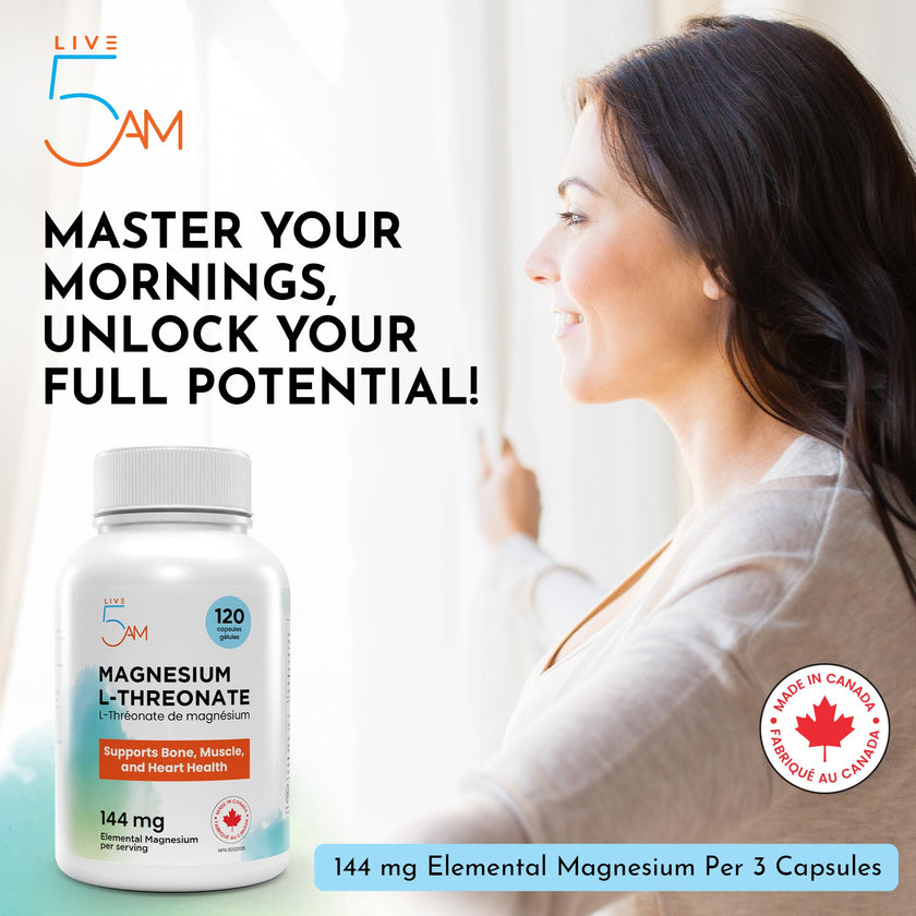 Live 5AM Magnesium L-Threonate | 144 mg Elemental Magnesium per 3 Capsules, Helps in Energy Metabolism, Bone and Teeth Maintenance, Muscle Function and Electrolyte Balance, 120 Vegan Capsules, Made in Canada 🍁 All In One Marketplace Canada