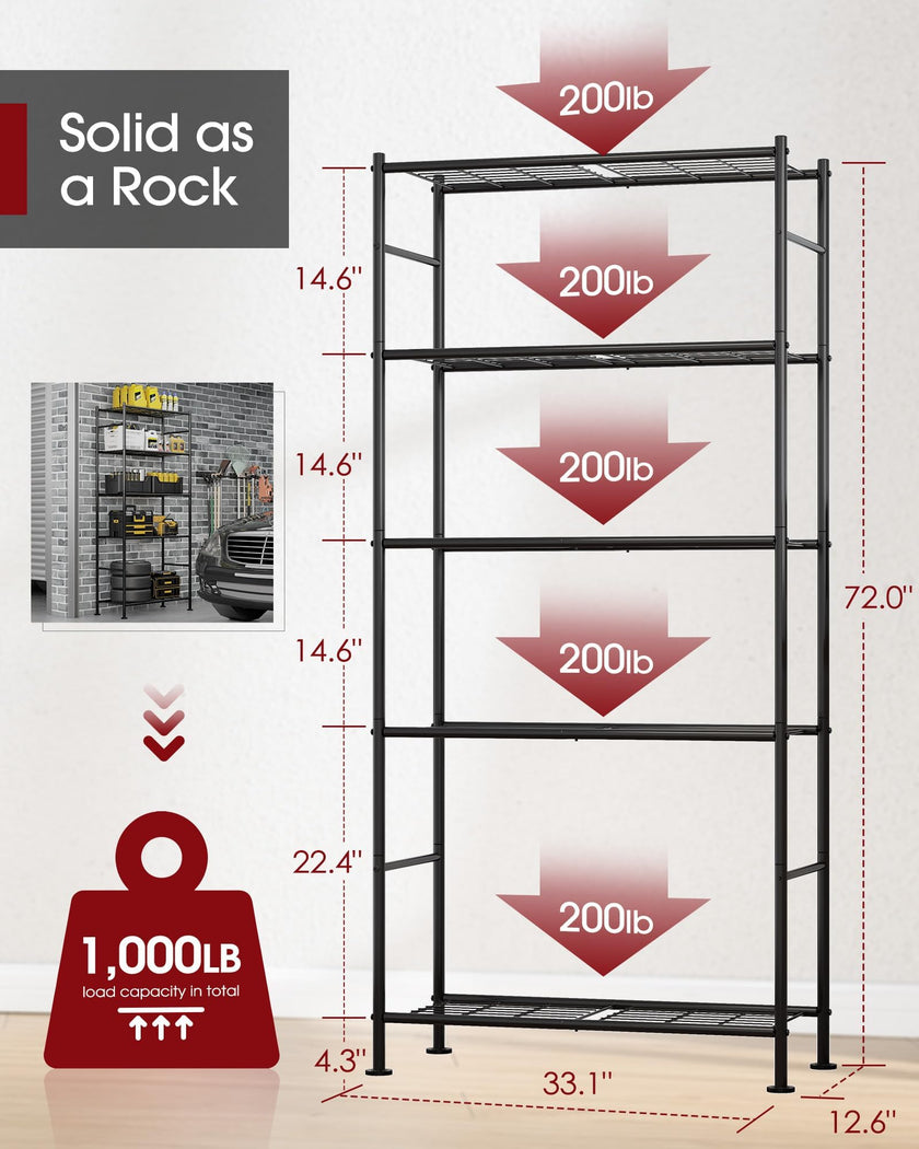 Sakugi 5 Tier Shelf - Heavy Duty Metal Storage Shelves with Adjustable Leveling Feet, Large Capacity Shelving Unit with Multiple Hooks for Kitchen, Pantry, Office (84 x 32 x 183 cm, Black) 🍁 All In One Marketplace Canada