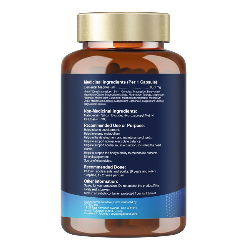 Totaria Magnesium Complex 700mg 12 in 1 Magnesium Supplement with Glycinate Citrate Malate Oxide Taurate Aspartate Orotate Magnesium Relaxation,Muscle,Heart Support, Vegan 120 Capsules 🍁 All In One Marketplace Canada