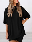 PRETTYGARDEN Women's Two Piece Lounge Set 2026 Summer Casual Oversized Shirts Biker Shorts Matching Airport Travel Outfit (Black,Large) 🍁 All In One Marketplace Canada
