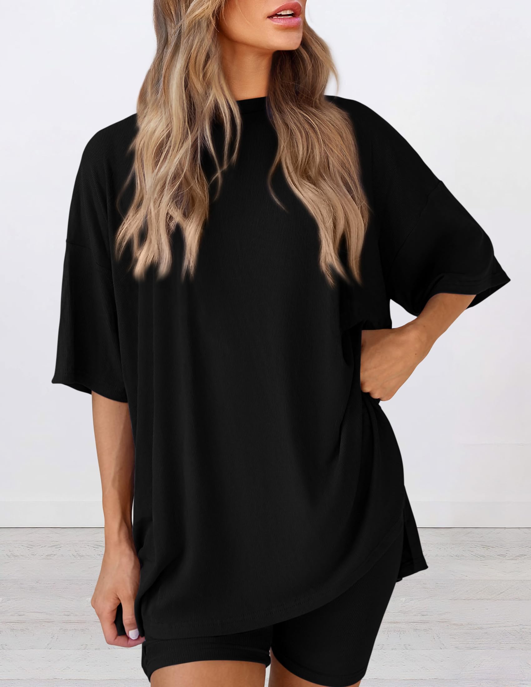 PRETTYGARDEN Women's Two Piece Lounge Set 2026 Summer Casual Oversized Shirts Biker Shorts Matching Airport Travel Outfit (Black,Large) 🍁 All In One Marketplace Canada