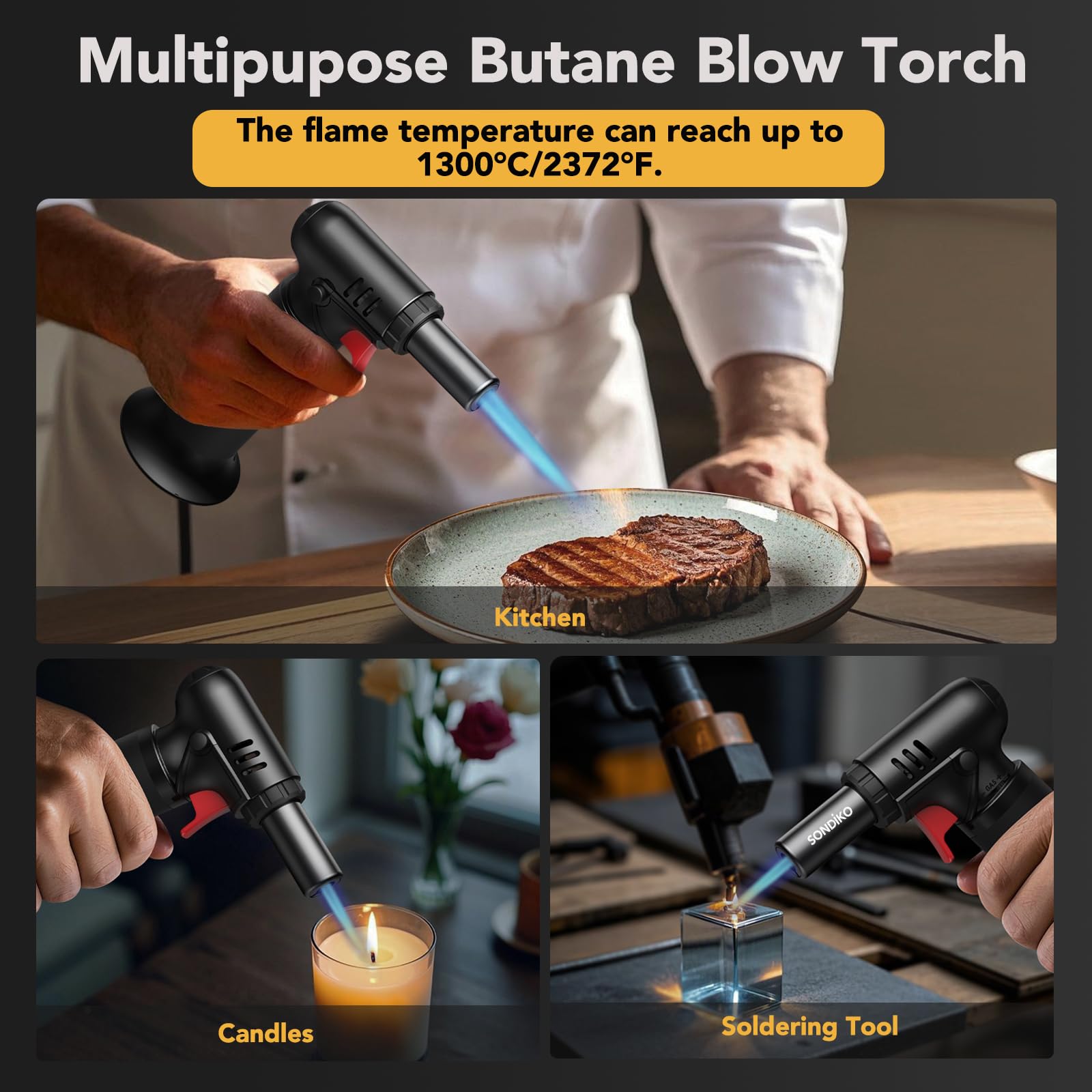 Sondiko Blow Torch with Fuel Gauge, Refillable Butane Torch Lighter with Safety Lock and Adjustable Flame, One-Handed Operation, Fit All Butane Tanks Kitchen Torch 🍁 All In One Marketplace Canada